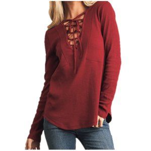 Burgundy Ribbed Deep V-Neck Lace-Up Front Cotton Top G0460